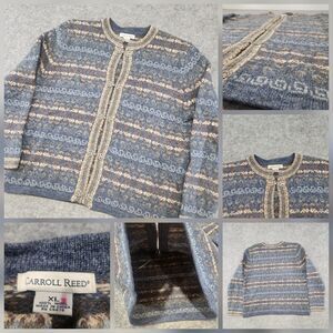 Carroll Reed Womens XL‎ 100% Wool Knit Nordic Fair Isle Clasp Cardigan Sweater
